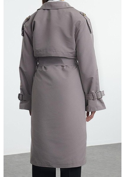 Kadın Moda Şık Oversize Ceket Yaka Uzun Düz Astarlı Oversize Kuşaklı Trençkot
