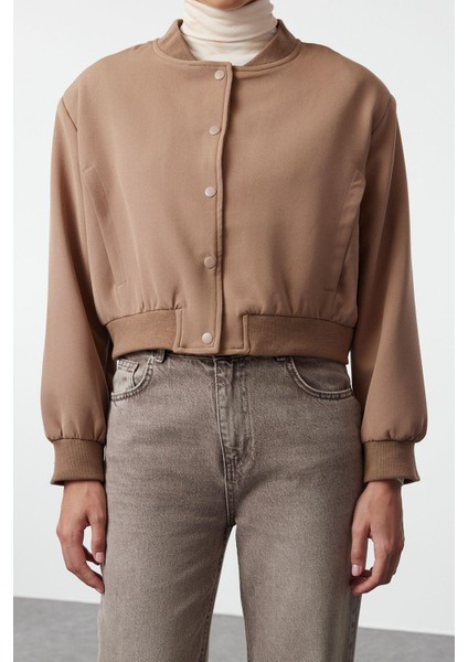 Kadın Moda Şık Bol Hakim Yaka Crop Düz Astarlı Oversize Crop Ince Bomber Mont