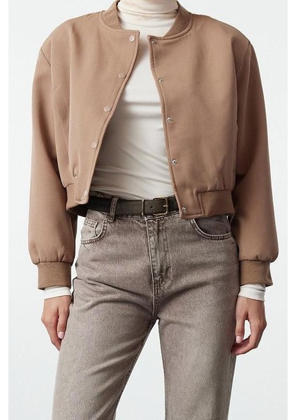 Kadın Moda Şık Bol Hakim Yaka Crop Düz Astarlı Oversize Crop Ince Bomber Mont
