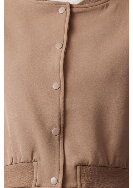 Kadın Moda Şık Bol Hakim Yaka Crop Düz Astarlı Oversize Crop Ince Bomber Mont