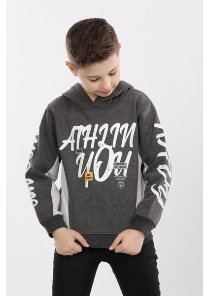 Kapüşonlu 3 Ip Kışlık Erkek Çocuk Baskılı Kalın Sweatshirt Füme MRN7014