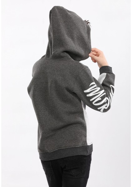 Kapüşonlu 3 Ip Kışlık Erkek Çocuk Baskılı Kalın Sweatshirt Füme MRN7014 modelleri