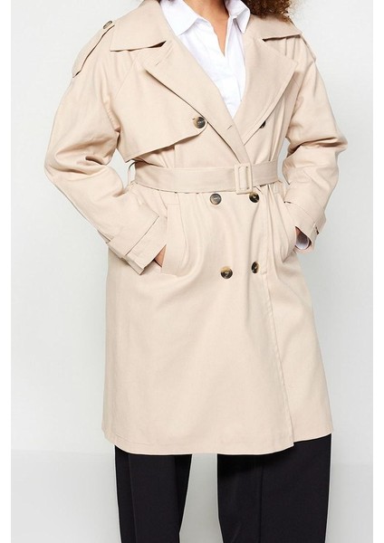 Kadın Büyük Beden Moda Şık Oversize Ceket Yaka Uzun Düz Astarlı Beli Kemerli Gabardin Trençkot modelleri