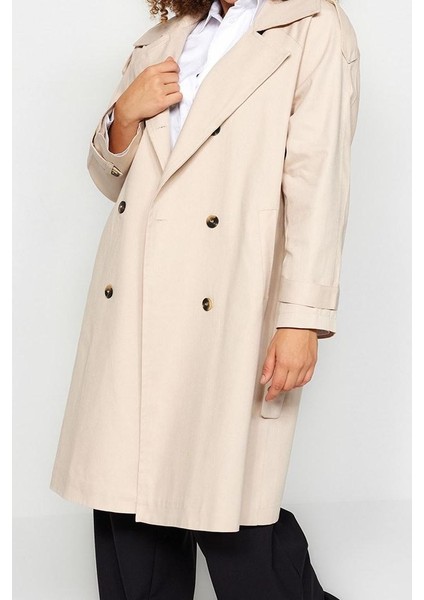 Kadın Büyük Beden Moda Şık Oversize Ceket Yaka Uzun Düz Astarlı Beli Kemerli Gabardin Trençkot fırsatları