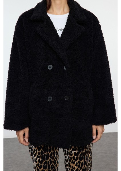 Kadın Moda Şık Oversize Ceket Yaka Standart Düz Astarlı Oversize Peluş Midi Kaban