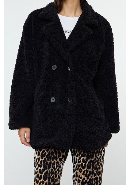Kadın Moda Şık Oversize Ceket Yaka Standart Düz Astarlı Oversize Peluş Midi Kaban