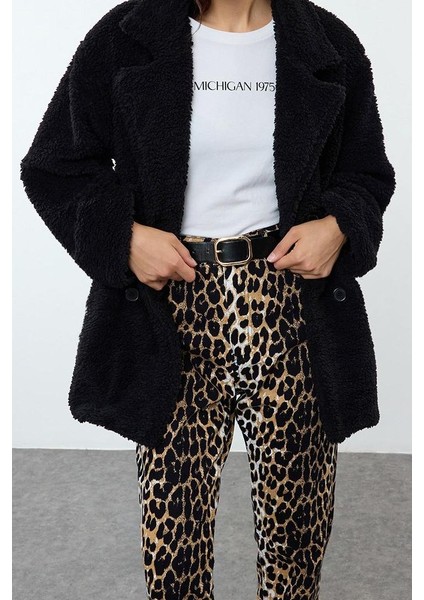 Kadın Moda Şık Oversize Ceket Yaka Standart Düz Astarlı Oversize Peluş Midi Kaban