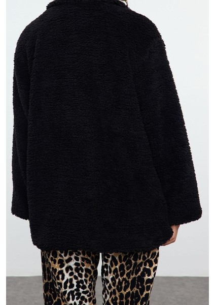 Kadın Moda Şık Oversize Ceket Yaka Standart Düz Astarlı Oversize Peluş Midi Kaban