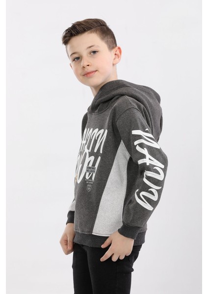 Kapüşonlu 3 Ip Kışlık Erkek Çocuk Baskılı Kalın Sweatshirt Füme MRN7014 fırsatları