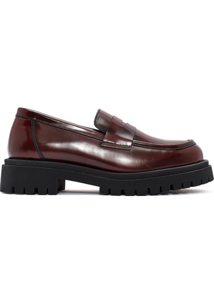 Kadın Bordo Kalın Tabanlı Deri Maskülen Loafer 24WFD236322