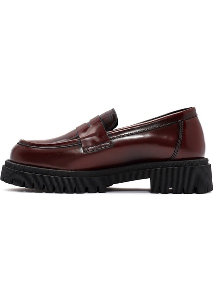 Kadın Bordo Kalın Tabanlı Deri Maskülen Loafer 24WFD236322