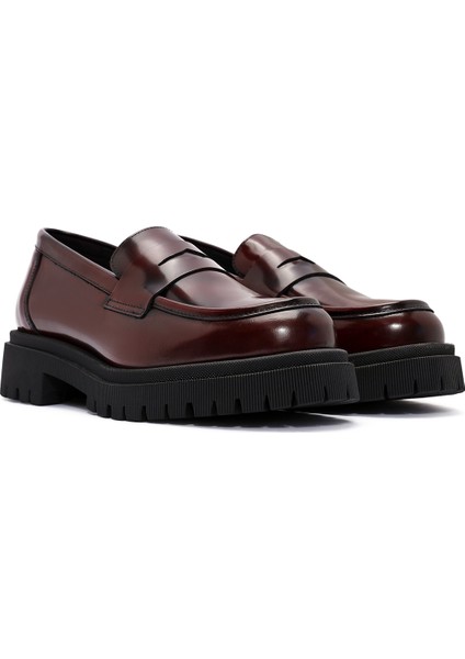 Kadın Bordo Kalın Tabanlı Deri Maskülen Loafer 24WFD236322