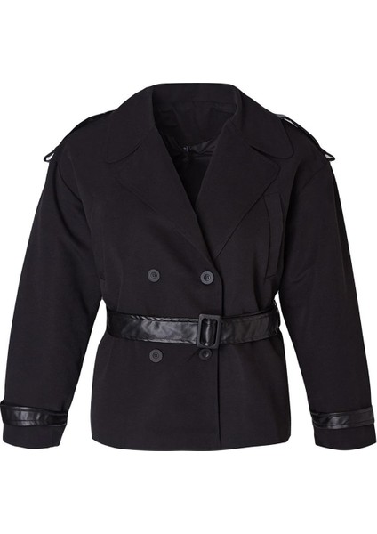 Kadın Büyük Beden Moda Regular Ceket Yaka Regular Düz Astarlı Fit Deri Kemer Teknik Kumaş Trençkot