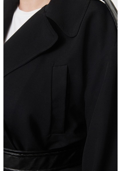 Kadın Büyük Beden Moda Regular Ceket Yaka Regular Düz Astarlı Fit Deri Kemer Teknik Kumaş Trençkot indirimleri