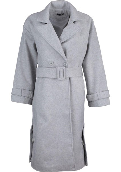 Kadın Moda Şık Bol Ceket Yaka Uzun Düz Astarlı Oversize Geniş Kesim Kemerli Uzun Yünlü Kaşe Kaban