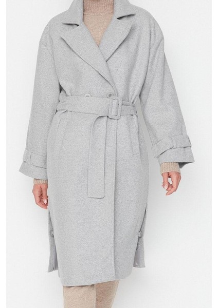 Kadın Moda Şık Bol Ceket Yaka Uzun Düz Astarlı Oversize Geniş Kesim Kemerli Uzun Yünlü Kaşe Kaban