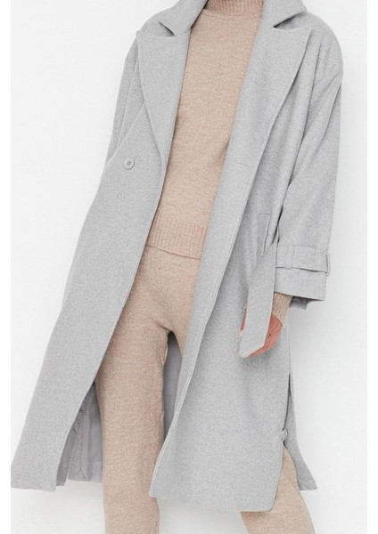 Kadın Moda Şık Bol Ceket Yaka Uzun Düz Astarlı Oversize Geniş Kesim Kemerli Uzun Yünlü Kaşe Kaban