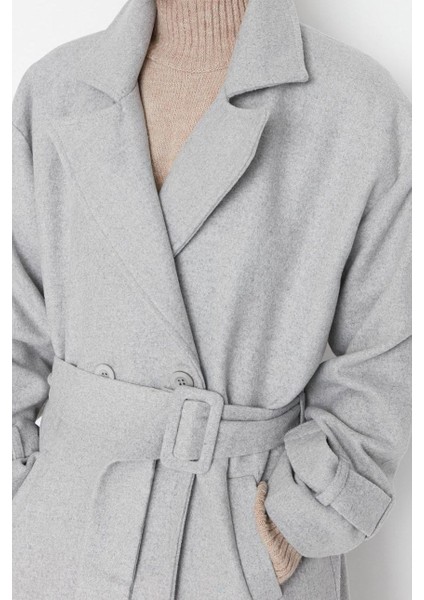 Kadın Moda Şık Bol Ceket Yaka Uzun Düz Astarlı Oversize Geniş Kesim Kemerli Uzun Yünlü Kaşe Kaban