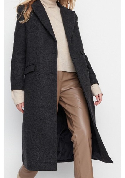 Kadın Moda Şık Regular Ceket Yaka Uzun Balık Sırtı Astarlı Balıksırtı Desenli Uzun Kaşe Kaban fiyatları
