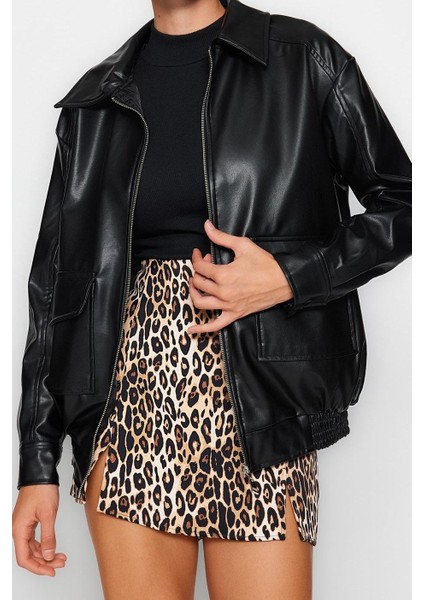 Kadın Moda Şık Bol Gömlek Yaka Midi Düz Astarlı Oversize Suni Deri Ceket Mont fırsatları