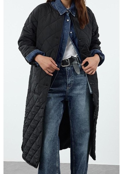 Kadın Moda Şık Regular Bisiklet Yaka Uzun Düz Astarlı Su Itici Kapitone Uzun Şişme Mont