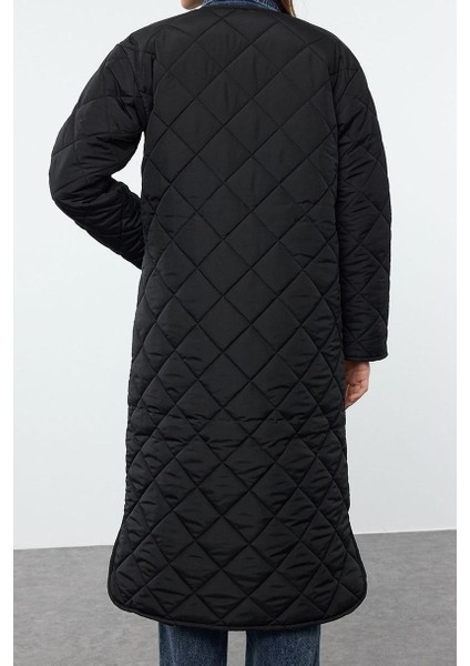 Kadın Moda Şık Regular Bisiklet Yaka Uzun Düz Astarlı Su Itici Kapitone Uzun Şişme Mont