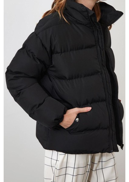 Kadın Moda Şık Oversize Dik Yaka Standart Düz Astarlı Dik Yaka Su Itici Kışlık Şişme Mont