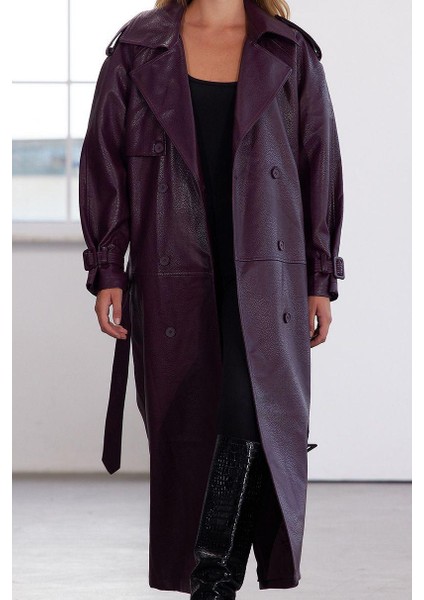 Kadın Moda Şık Oversize Ceket Yaka Uzun Düz Astarlı Kemerli Oversize Suni Deri Trençkot