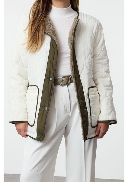 Kadın Moda Şık Oversize Bisiklet Yaka Midi Düz Astarlı Oversize Peluş Detaylı Kapitone Mont