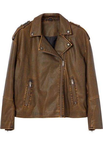 Kadın Moda Şık Oversize Ceket Yaka Standart Düz Astarlı Yıkama Efektli Suni Deri Biker Ceket Mont