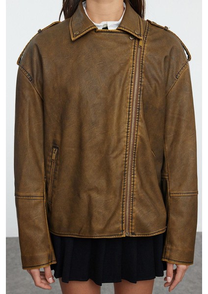 Kadın Moda Şık Oversize Ceket Yaka Standart Düz Astarlı Yıkama Efektli Suni Deri Biker Ceket Mont