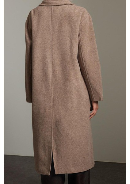 Kadın Moda Şık Bol Ceket Yaka Uzun Düz Astarlı Oversize Yünlü Geniş Kesim Şallı Uzun Kaban