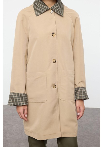 Kadın Moda Şık Regular Gömlek Yaka Uzun Ekose Astarlı Ekose Astarlı Regular Midi Trençkot