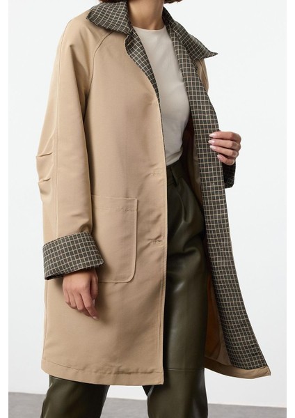 Kadın Moda Şık Regular Gömlek Yaka Uzun Ekose Astarlı Ekose Astarlı Regular Midi Trençkot fiyatları