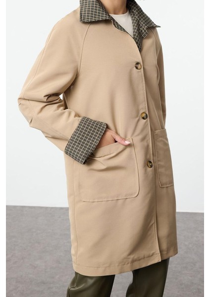 Kadın Moda Şık Regular Gömlek Yaka Uzun Ekose Astarlı Ekose Astarlı Regular Midi Trençkot modelleri