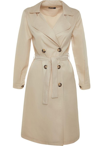 Kadın Moda Şık Oversize Ceket Yaka Uzun Düz Astarsız Kuşaklı Su Itici Uzun Trençkot