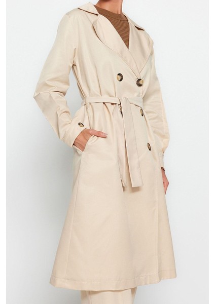 Kadın Moda Şık Oversize Ceket Yaka Uzun Düz Astarsız Kuşaklı Su Itici Uzun Trençkot fırsatları