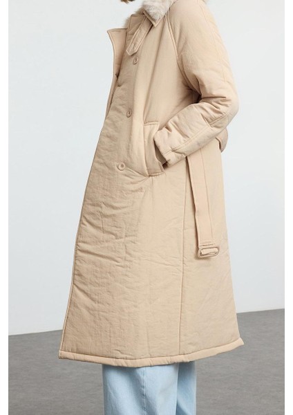 Kadın Moda Şık Regular Ceket Yaka Uzun Düz Astarlı Yakası Peluş Kemerli Su Itici Parka Şişme Mont fırsatları