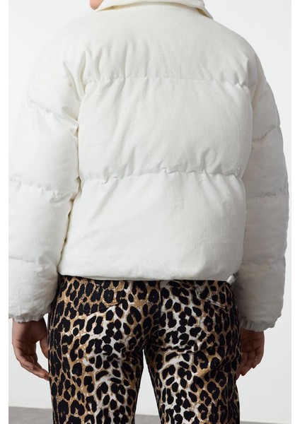 Kadın Moda Şık Oversize Gömlek Yaka Standart Düz Astarlı Gömlek Yaka Fitilli Kadife Şişme Mont