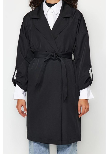 Kadın Moda Şık Oversize Ceket Yaka Midi Düz Astarlı Oversize Kuşaklı Su Itici Uzun Trençkot