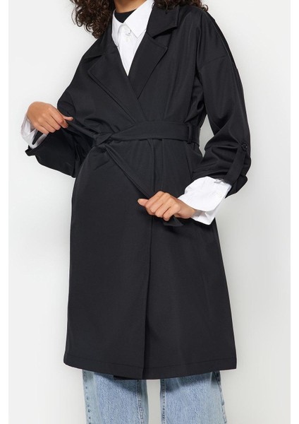 Kadın Moda Şık Oversize Ceket Yaka Midi Düz Astarlı Oversize Kuşaklı Su Itici Uzun Trençkot fırsatları