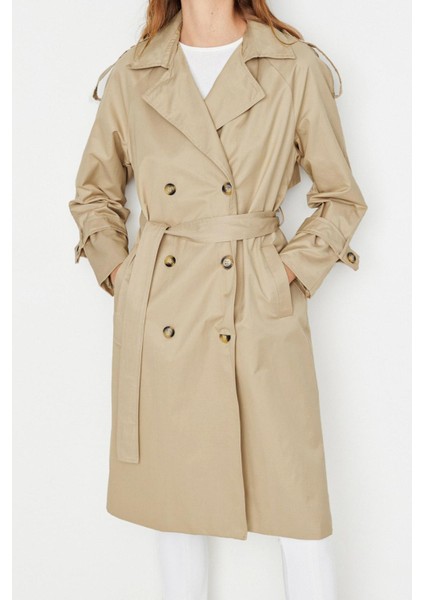 Kadın Moda Şık Regular Ceket Yaka Uzun Düz Astarlı Kuşaklı Regular Su Itici Trençkot