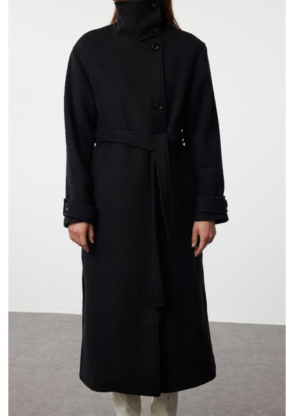 Kadın Moda Şık Oversize Ceket Yaka Uzun Düz Astarlı Yaka Detaylı Oversize Yünlü Kaban