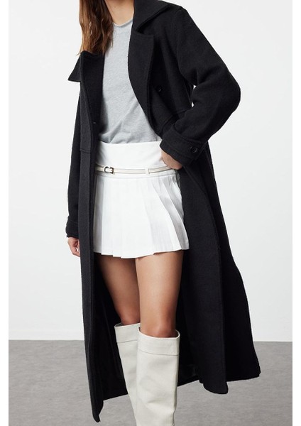 Kadın Moda Şık Oversize Ceket Yaka Uzun Düz Astarlı Yaka Detaylı Oversize Yünlü Kaban