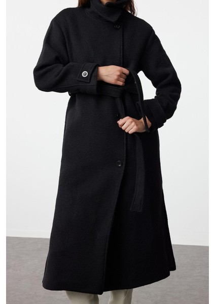 Kadın Moda Şık Oversize Ceket Yaka Uzun Düz Astarlı Yaka Detaylı Oversize Yünlü Kaban