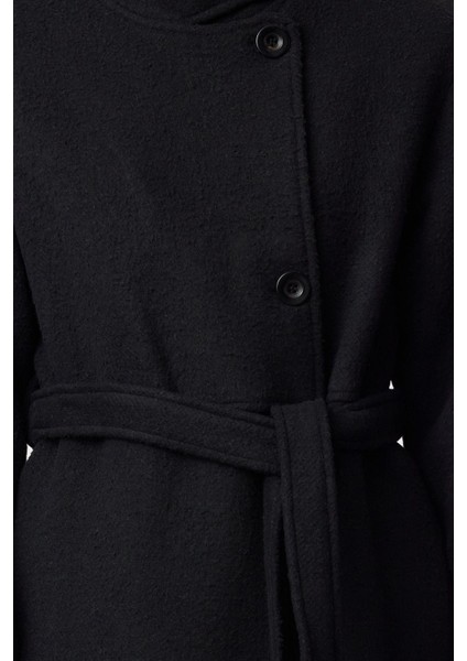 Kadın Moda Şık Oversize Ceket Yaka Uzun Düz Astarlı Yaka Detaylı Oversize Yünlü Kaban