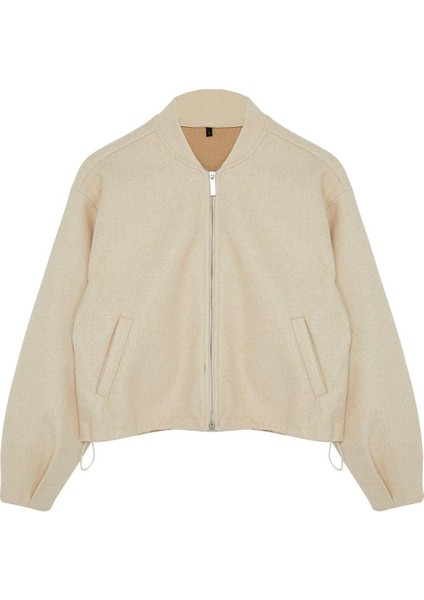 Kadın Moda Şık Oversize Hakim Yaka Standart Düz Astarlı Oversize Kaşe Bomber Ceket Mont