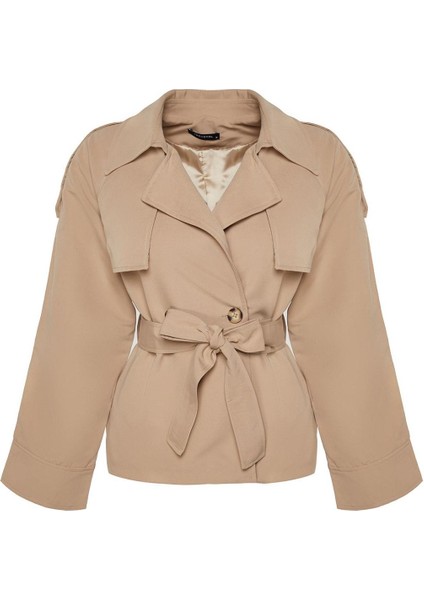 Kadın Moda Şık Oversize Ceket Yaka Standart Düz Astarlı Oversize Geniş Kesim Kemerli Trençkot