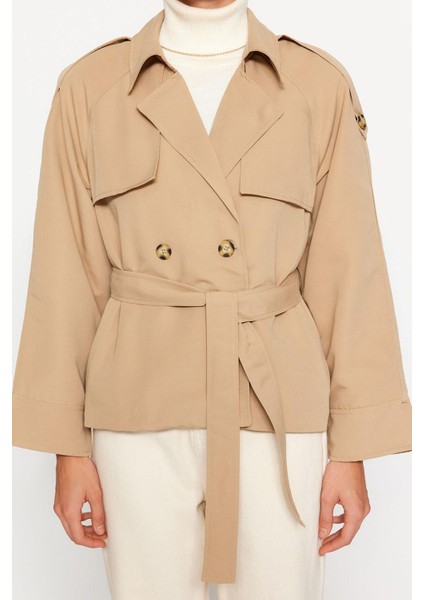 Kadın Moda Şık Oversize Ceket Yaka Standart Düz Astarlı Oversize Geniş Kesim Kemerli Trençkot fırsatları