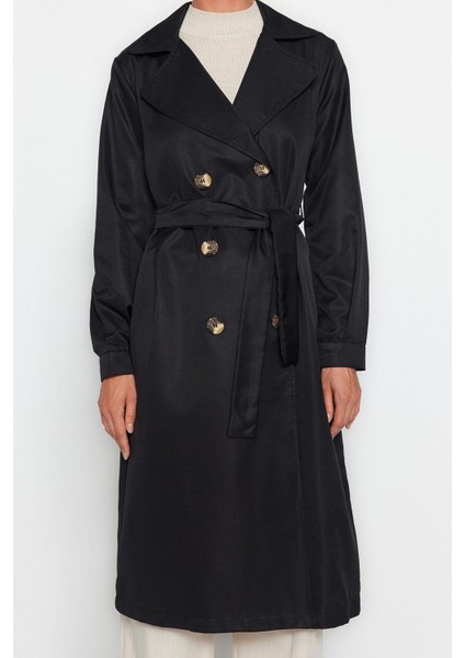 Kadın Moda Şık Oversize Ceket Yaka Uzun Düz Astarsız Kuşaklı Su Itici Uzun Trençkot